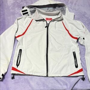 White and Red Ski Jacket with Water-Resistant Material